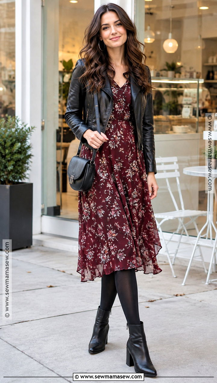 Ankle Boots With Floral Midi Dress And Leather Jacket - 20 boots autumn outfit