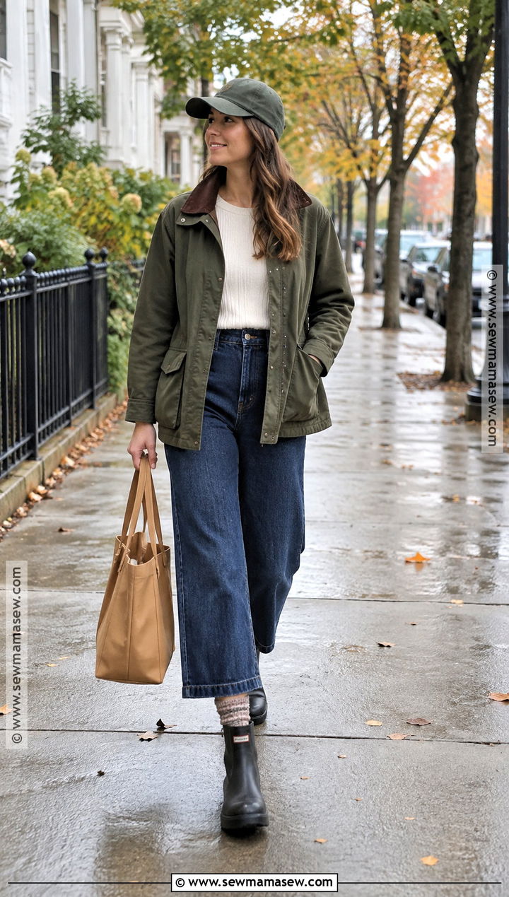 Ankle Rain Boots With Cropped Wide Leg Jeans And Barn Jacket - 15 rain boot outfit fall ideas