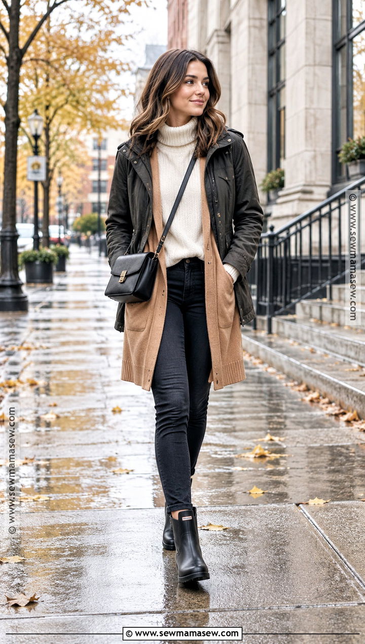 Ankle Rain Boots With a Long Cardigan - 15 ankle rain boots outfit fall