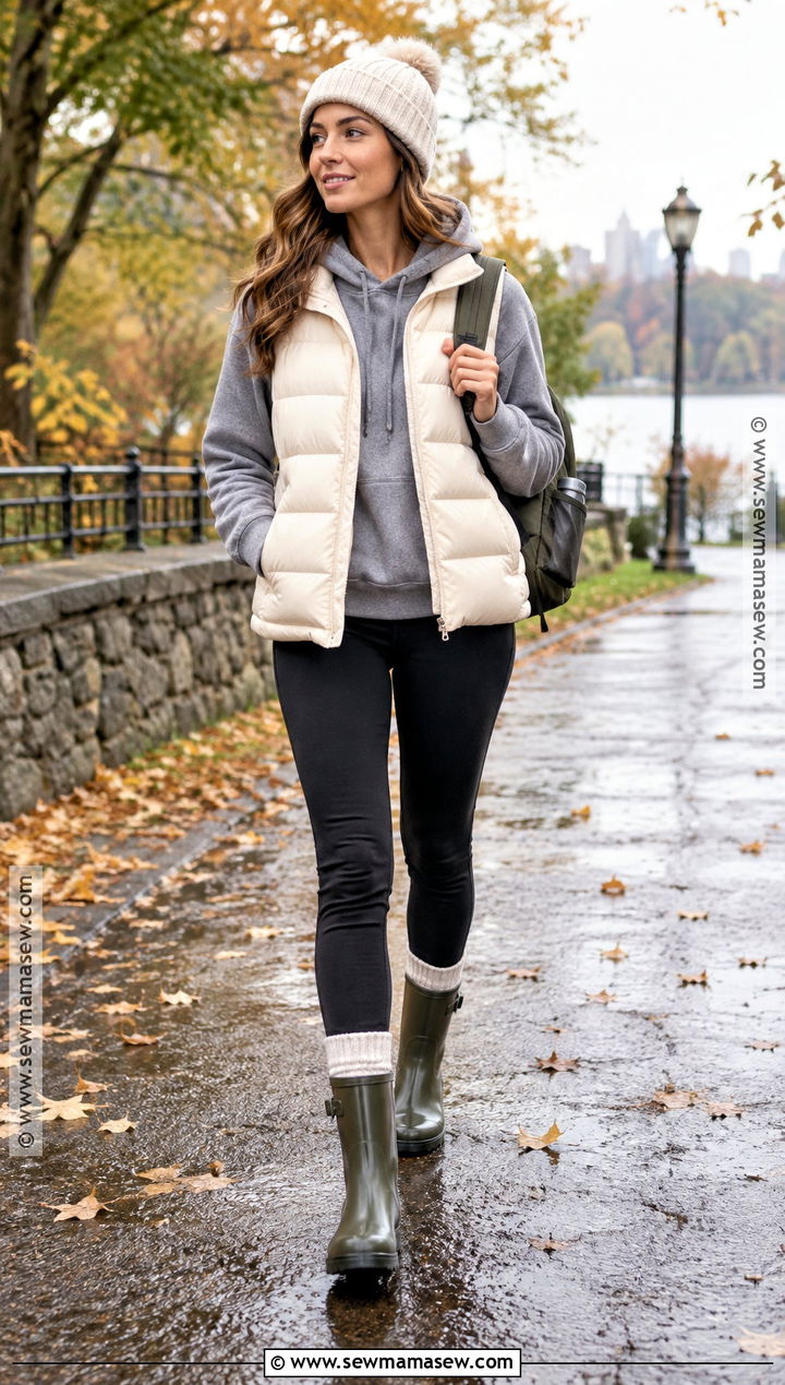 Ankle Rain Boots With a Puffer Vest - 15 ankle rain boots outfit fall