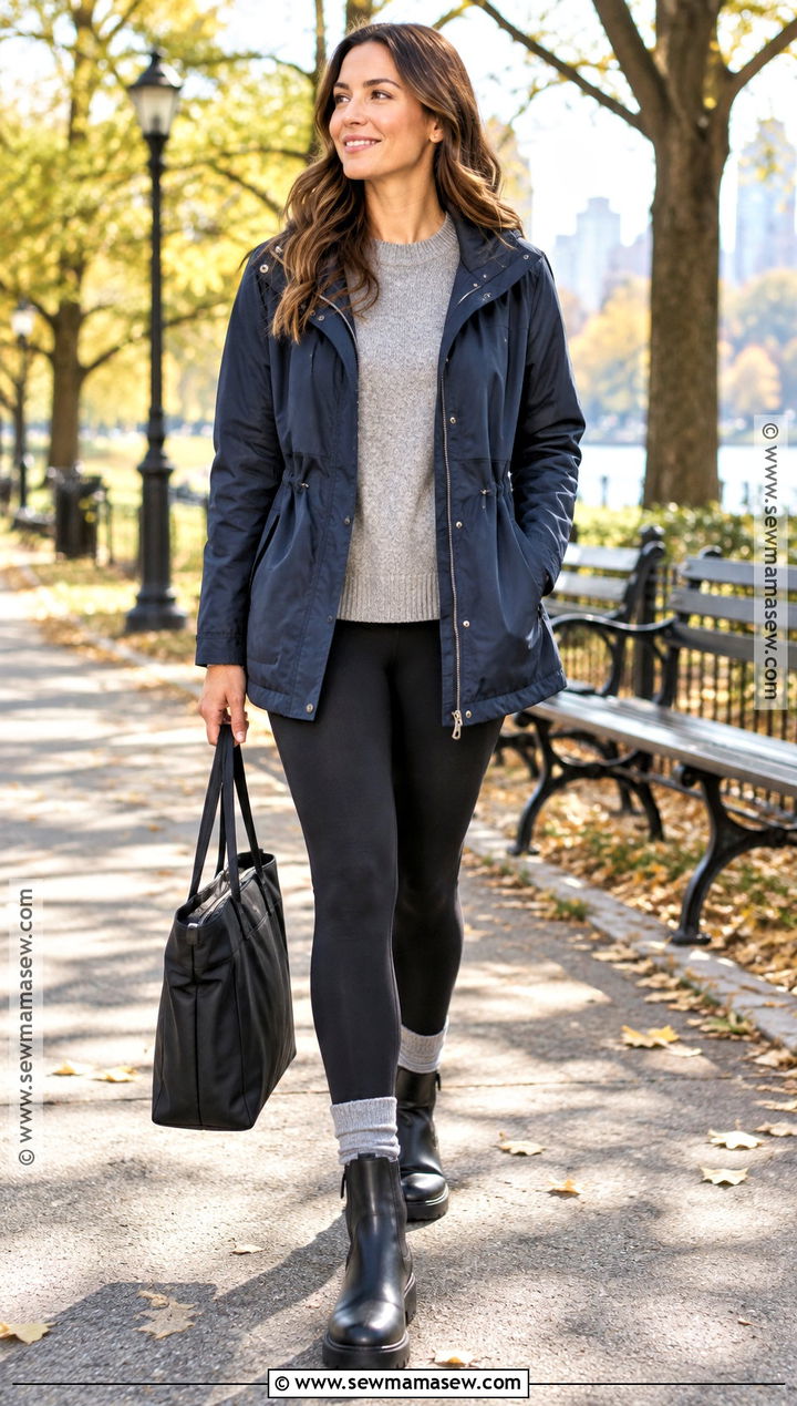 Anorak Autumn Outfit With Knit Sweater And Leggings - 20 autumn capsule wardrobe outfits