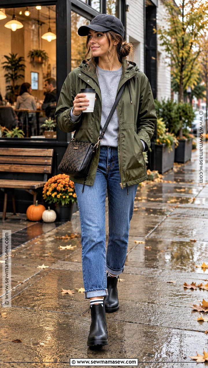 Anorak Sweatshirt Jeans And Rain Boots Outfit - 25 autumn rainy day outfit ideas