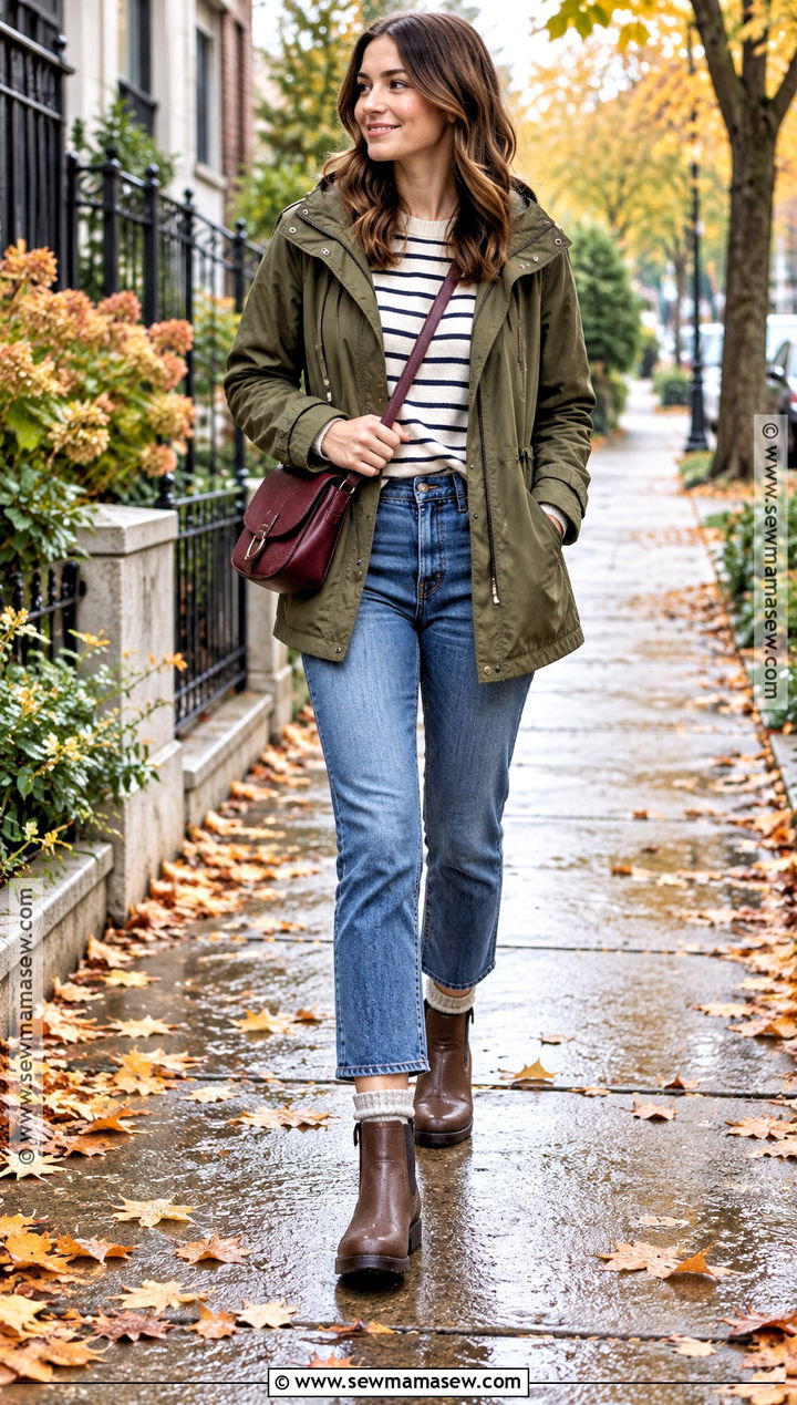 Anorak With Striped Top And Cropped Jeans - 15 cozy fall outfits casual rainy day