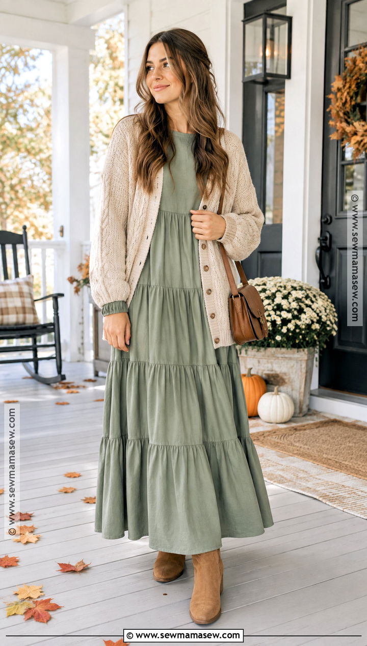 Apostolic Fall Cardigan and Tiered Dress Outfit - 15 apostolic fall outfits 2026