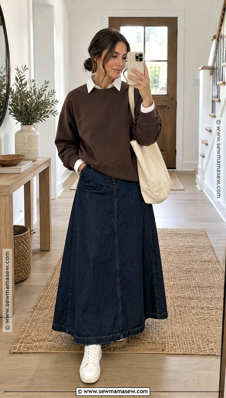 Apostolic Fall Sweatshirt and Denim Skirt Outfit - 15 apostolic fall outfits 2026