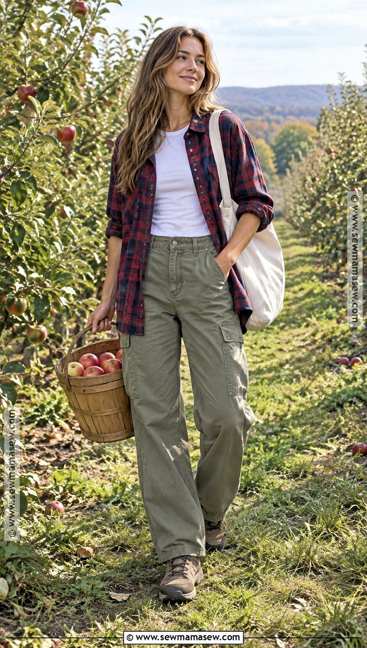 Apple Picking Outfit With Flannel And Cargo Pants - 20 Outdoor Fall Outfits for Women