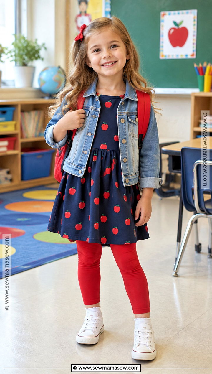Apple Print Dress With Leggings And Sneakers - 20 Back To School Outfits Kindergarten for Girls