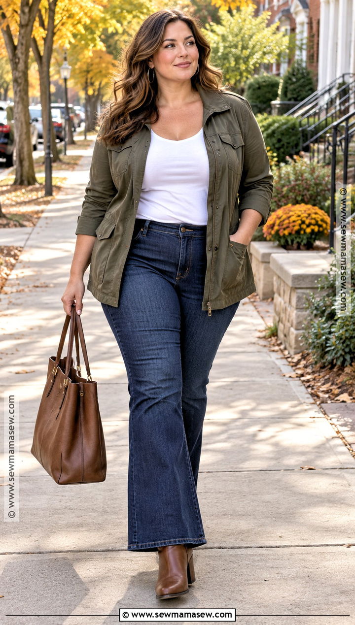 Apple Shape Utility Jacket And Flare Jeans Outfit - 20 Fall Outfits Apple Shape
