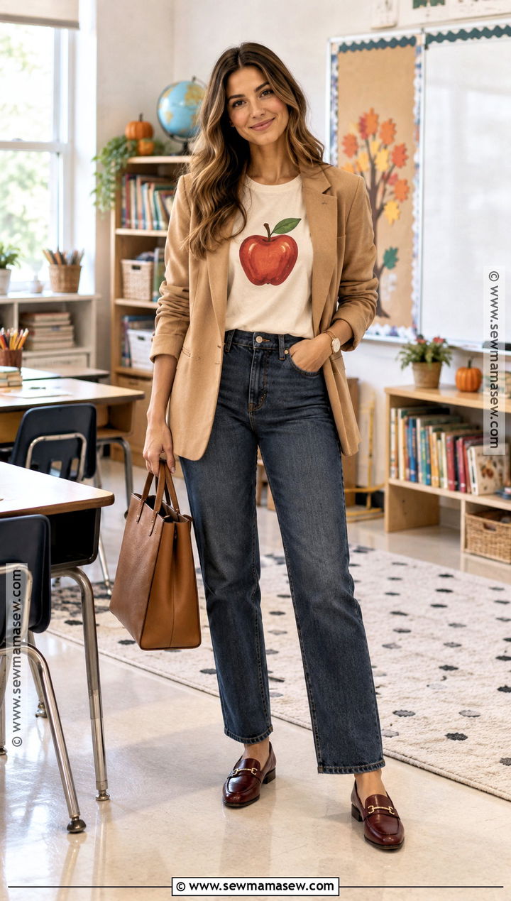 Apple Teacher Shirt With Blazer And Jeans - 15 fall shirts for teachers