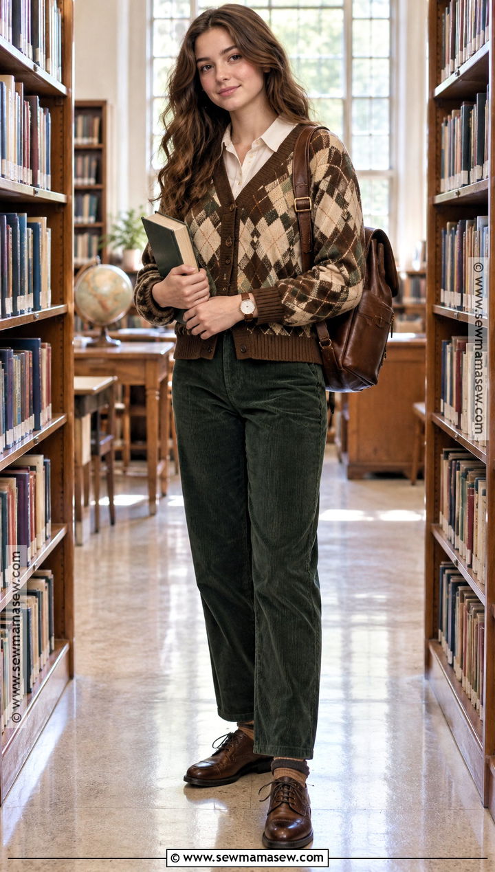 Argyle Cardigan And Corduroy Pants Vintage School Outfit - 15 back to school vintage outfits