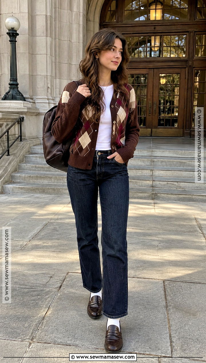 Argyle Cardigan And Dark Wash Jeans School Outfit - 20 fall outfit school ideas