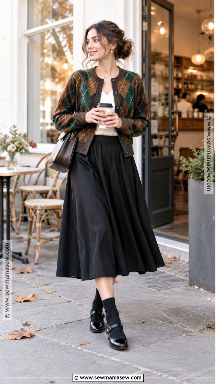 Argyle Cardigan And Midi Skirt Dark Academia Outfit - 20 Autumn Dark Academia Outfits