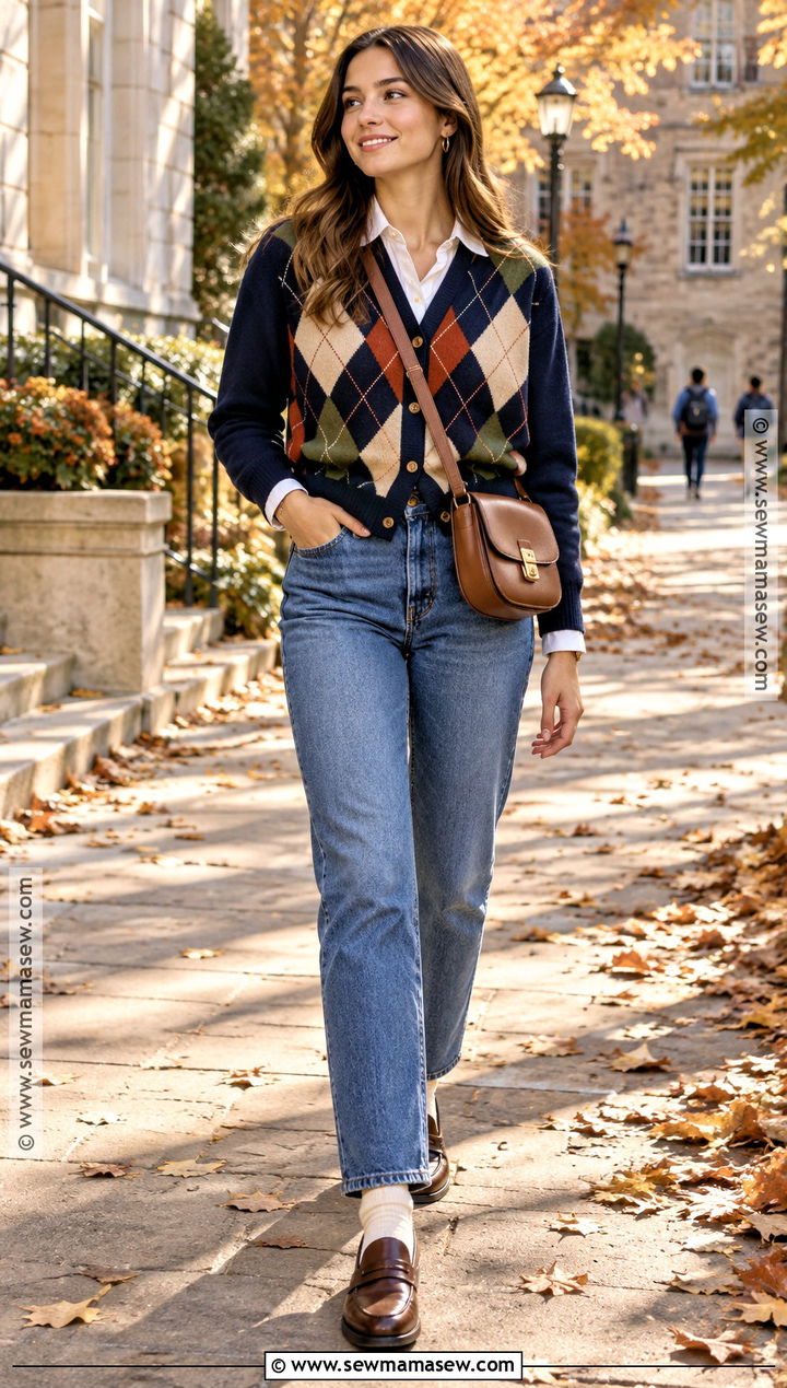 Argyle Cardigan With Blue Jeans - 15 autumn outfit with cardigan and jeans