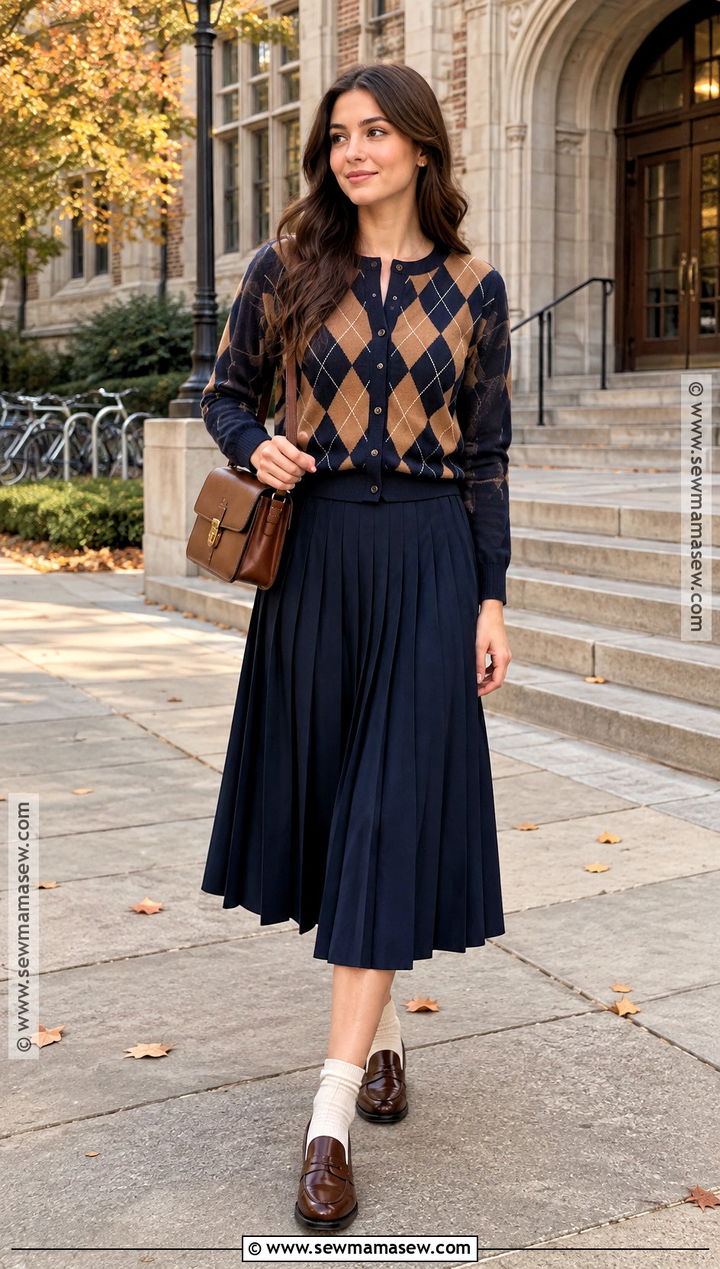 Argyle Cardigan With Pleated Skirt - 25 fall outfits cardigans