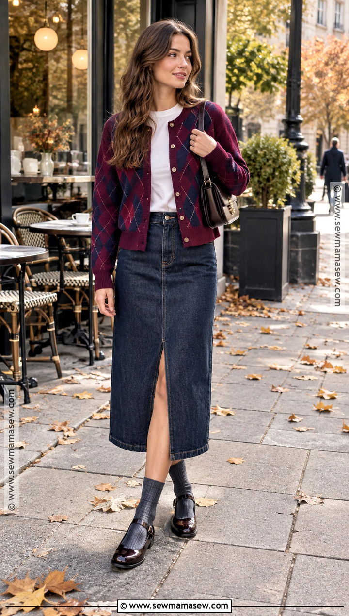 Argyle Cardigan and Denim Midi Skirt Preppy Fall Outfit - 20 Preppy Outfits Fall