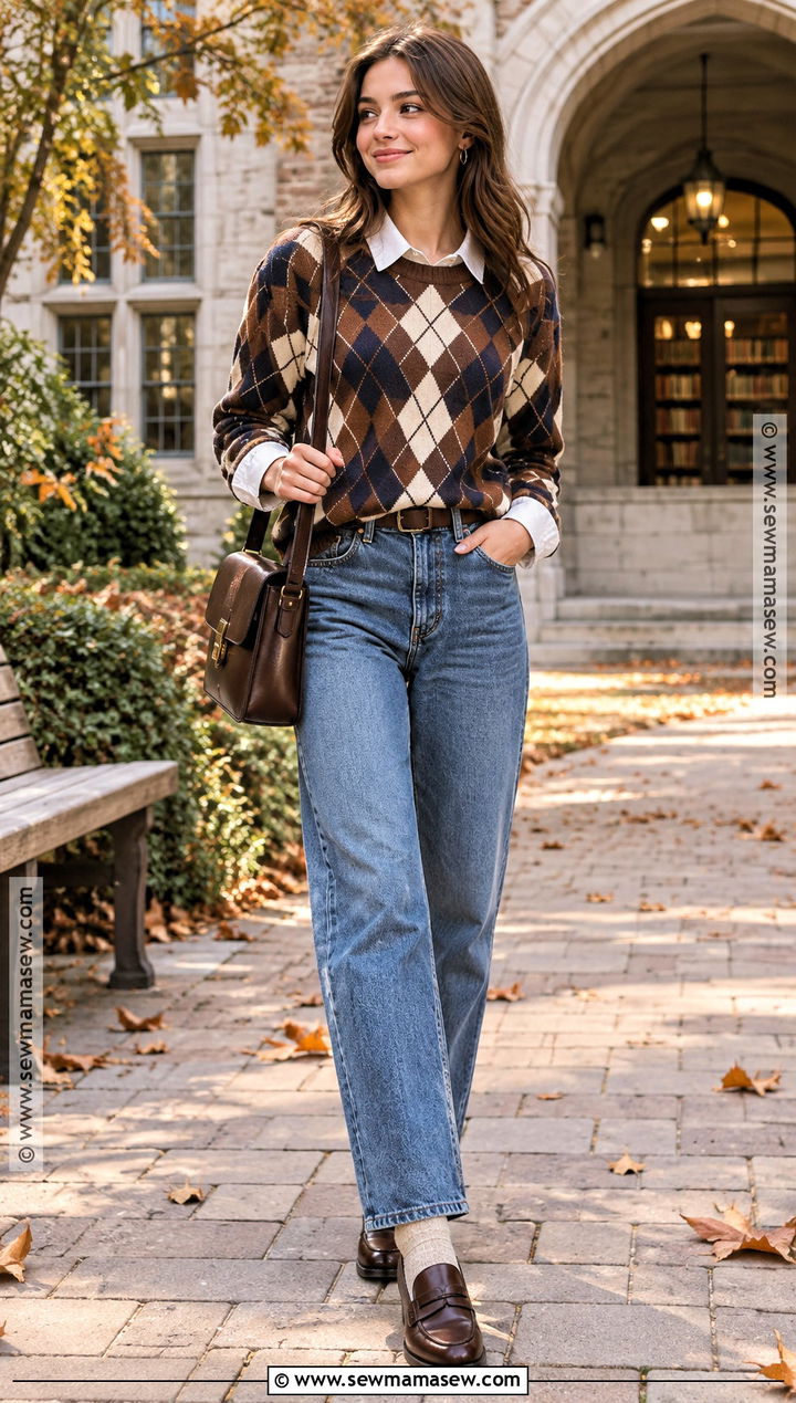 Argyle Fall Sweater With Relaxed Jeans - 20 Fall Outfit Sweater Ideas