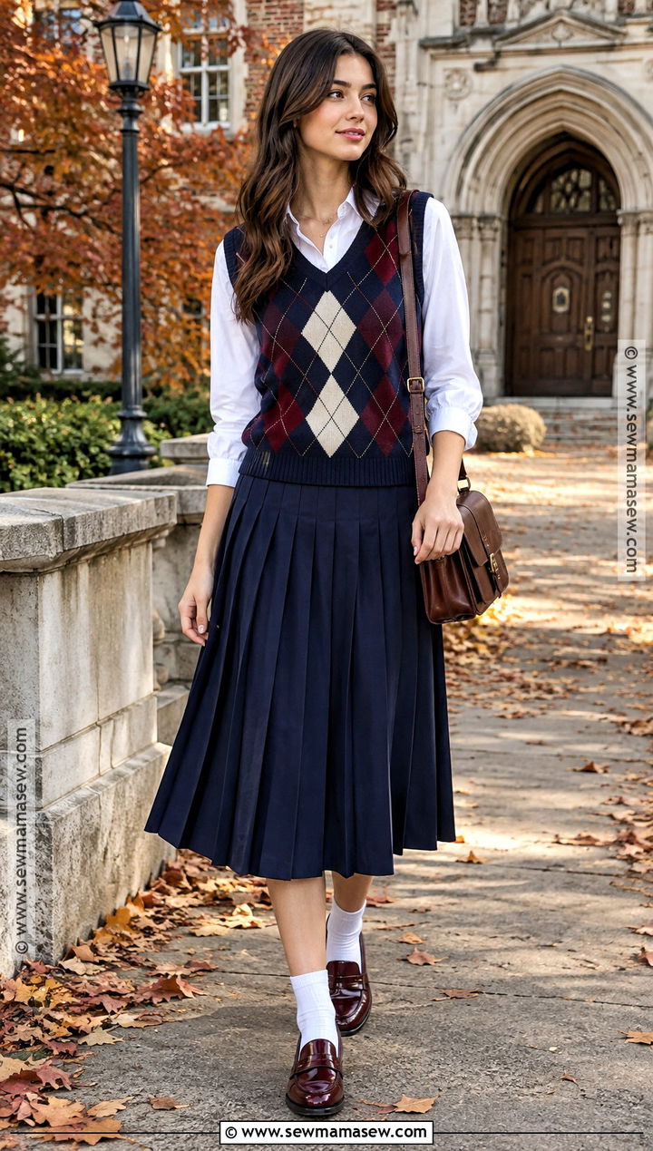 Argyle Knit Vest With Button Down Shirt And Pleated Skirt - 20 Autumn Knitwear Ideas