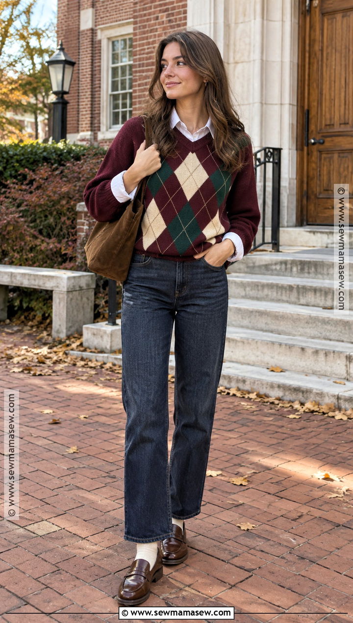 Argyle Sweater And Dark Wash Jeans Outfit - 15 Autumn Winter Fashion Collection Ideas