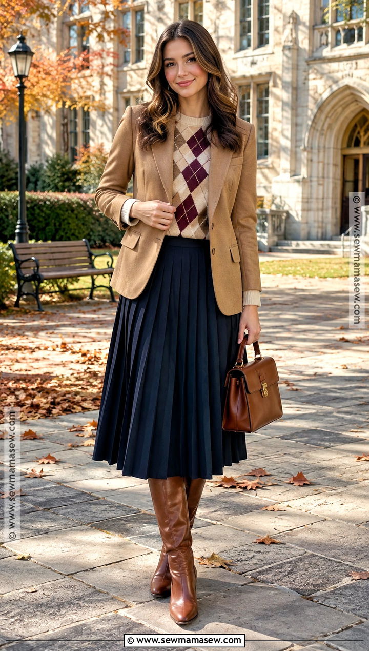 Argyle Sweater And Pleated Midi Skirt - 15 autumn outfit ideas with sweaters