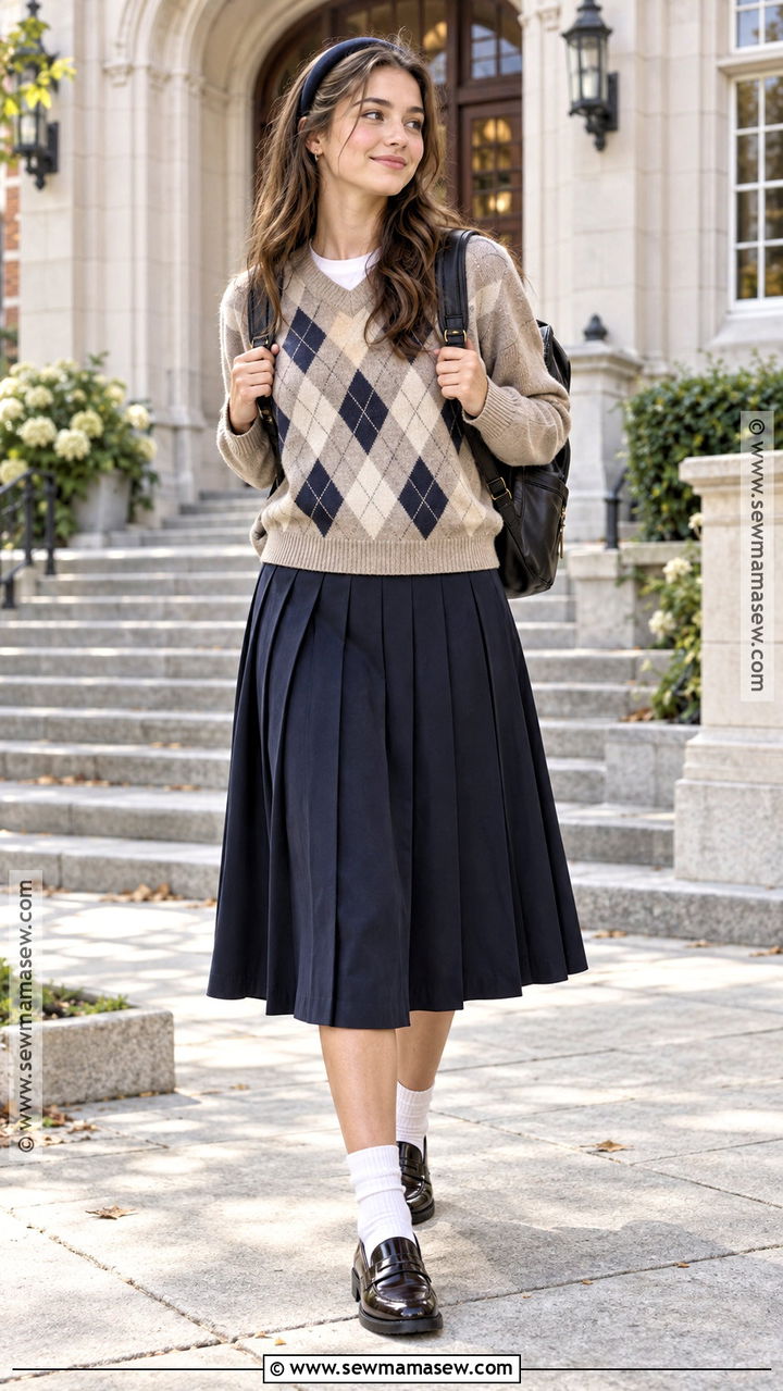 Argyle Sweater And Pleated Skirt Outfit - 20 Back To School Clothes Ideas