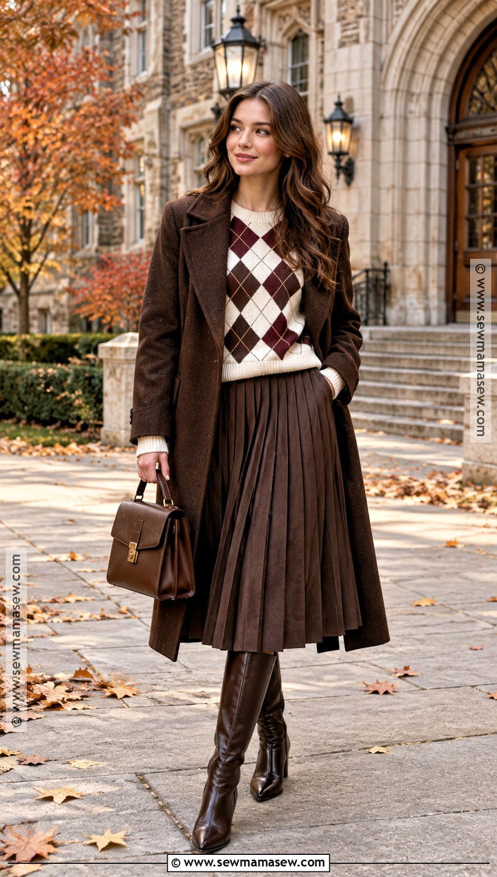 Argyle Sweater And Pleated Skirt Outfit - 15 Autumn Fashion Patterns Ideas