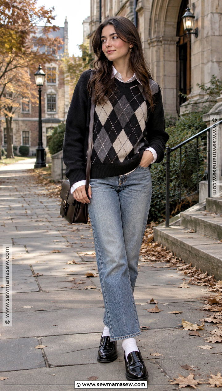 Argyle Sweater And Straight Leg Jeans Outfit - 20 the neighbourhood sweater weather ideas