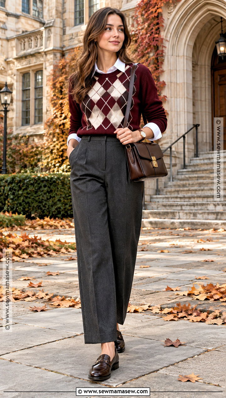 Argyle Sweater And Tailored Trousers Autumn Outfit - 15 old money aesthetic outfit autumn ideas