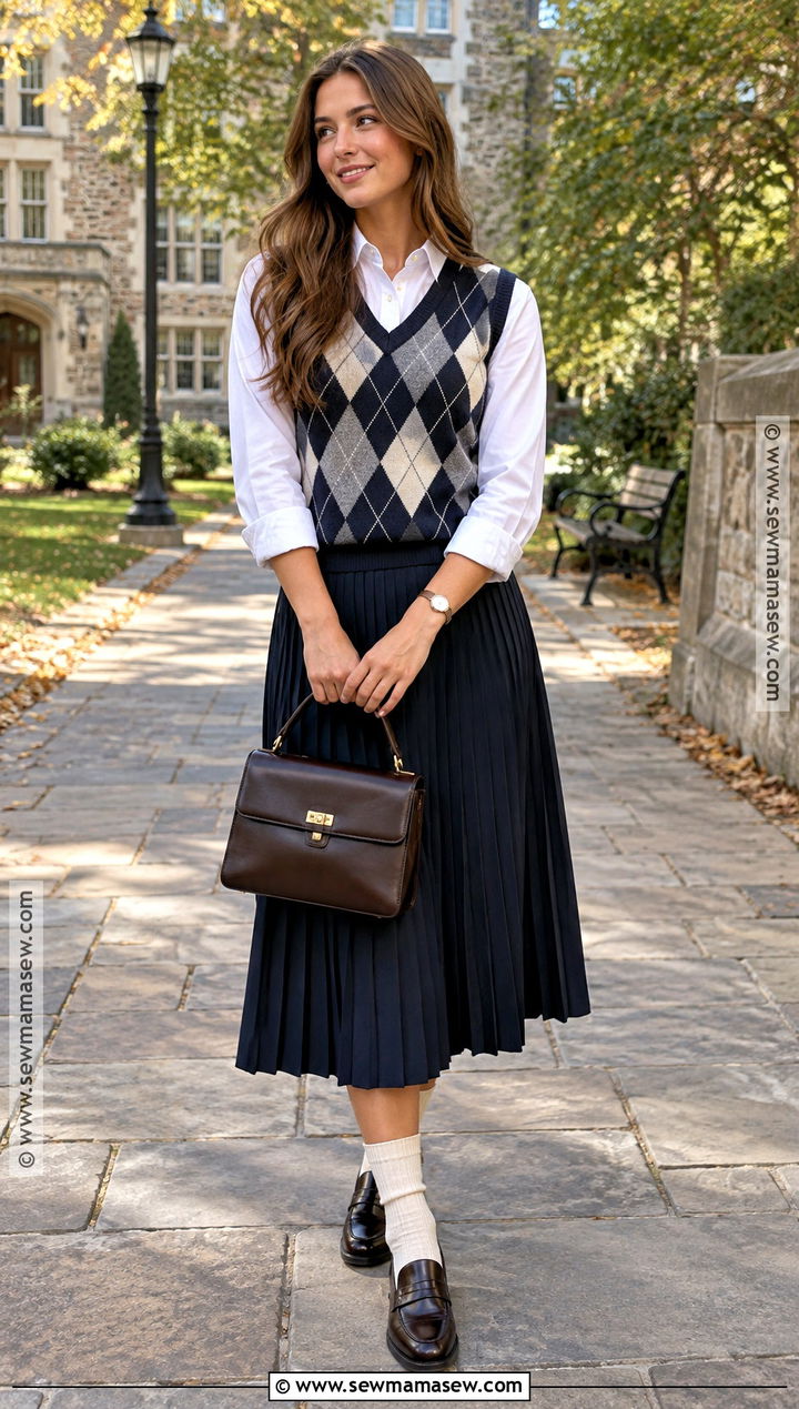 Argyle Sweater Vest Outfit With Pleated Skirt - 20 fall outfits vest