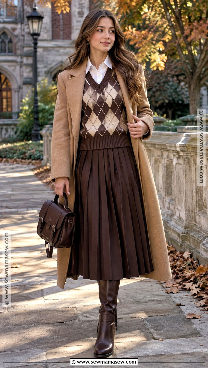Argyle Sweater Vest Top With A Pleated Midi Skirt - 15 Fall Tops for Women 2026