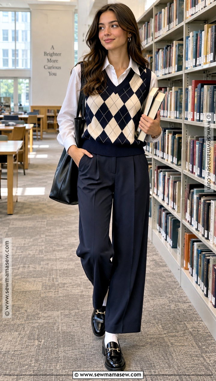Argyle Sweater Vest With A White Shirt And Trousers - 15 Cute Tops For Back To School