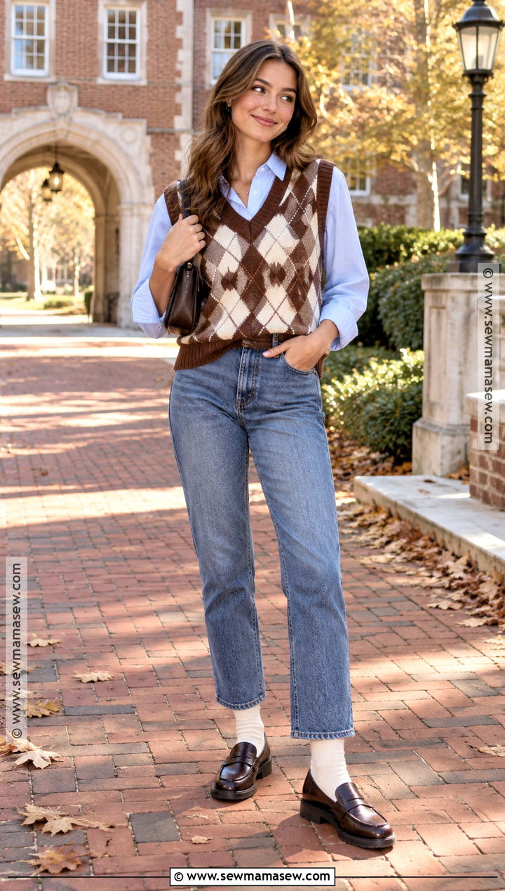 Argyle Sweater Vest With Button Down And Loafers - 15 casual fall fashion vest ideas
