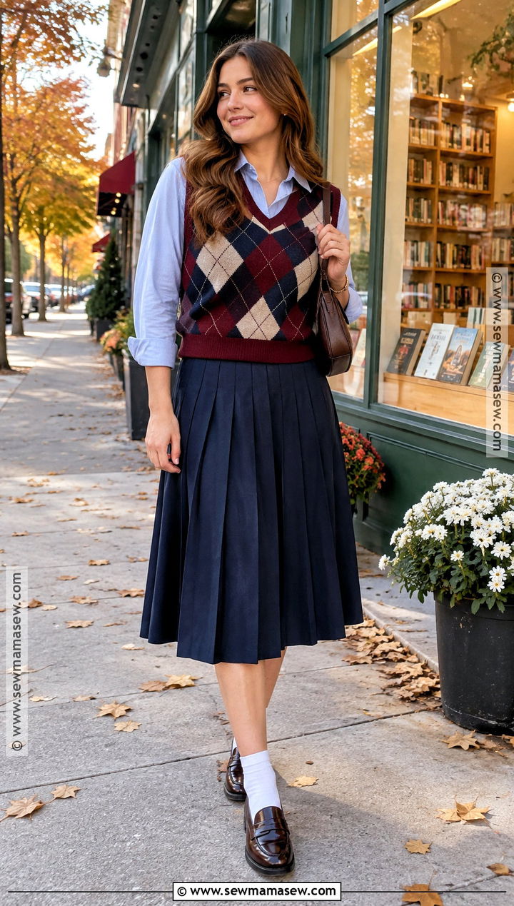Argyle Sweater Vest With Midi Skirt - 15 Cute Fall Outfits With Vest