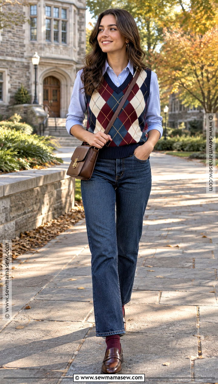 Argyle Sweater Vest With Oxford Shirt And Jeans - 25 fall sweaters