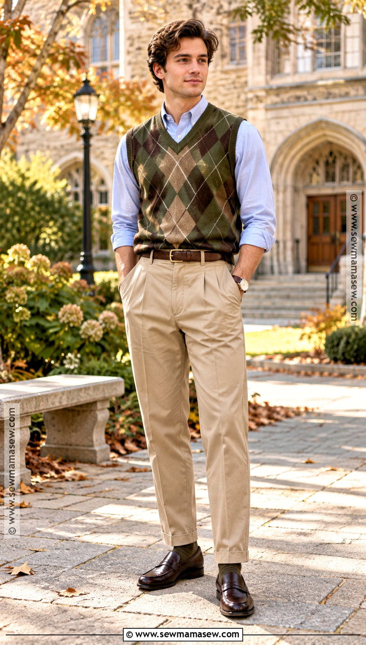 Argyle Sweater Vest With Oxford Shirt And Pleated Chinos - 15 autumn sweater ideas for men