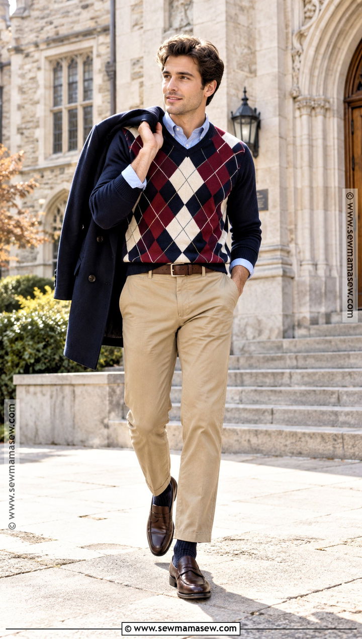 Argyle Sweater With Chinos And Penny Loafers - 15 fall outfits men autumn sweaters