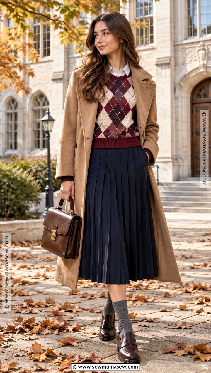 Argyle Sweater With Midi Skirt And Loafers - 15 Autumn Winter Fashion Style Ideas