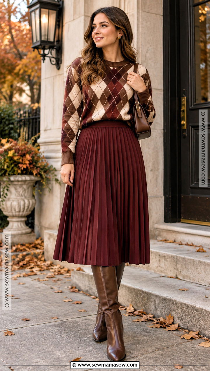 Argyle Sweater With Pleated Midi Skirt - 15 cute fall sweaters for women