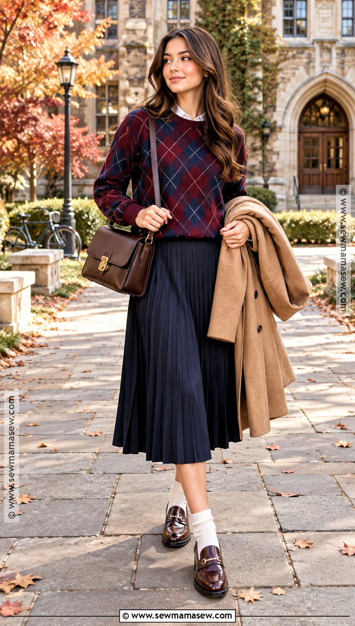 Argyle Sweater With Pleated Midi Skirt - 15 fall styles 2026