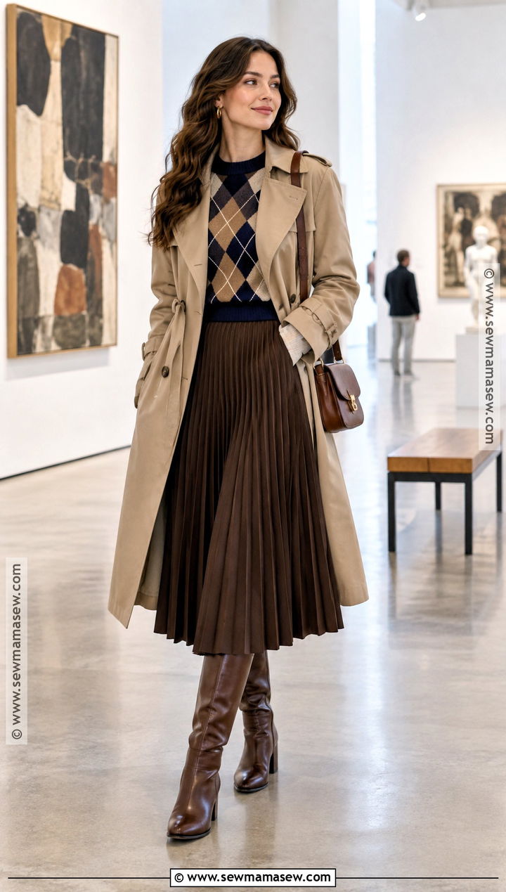 Argyle Sweater With Pleated Midi Skirt - 15 Autumn Argyle Sweater Ideas