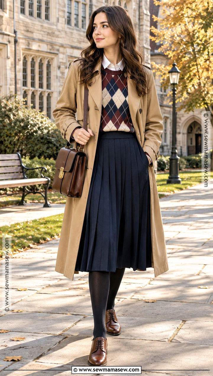 Argyle Sweater With Pleated Skirt And Oxfords - 20 autumn sweater outfit ideas