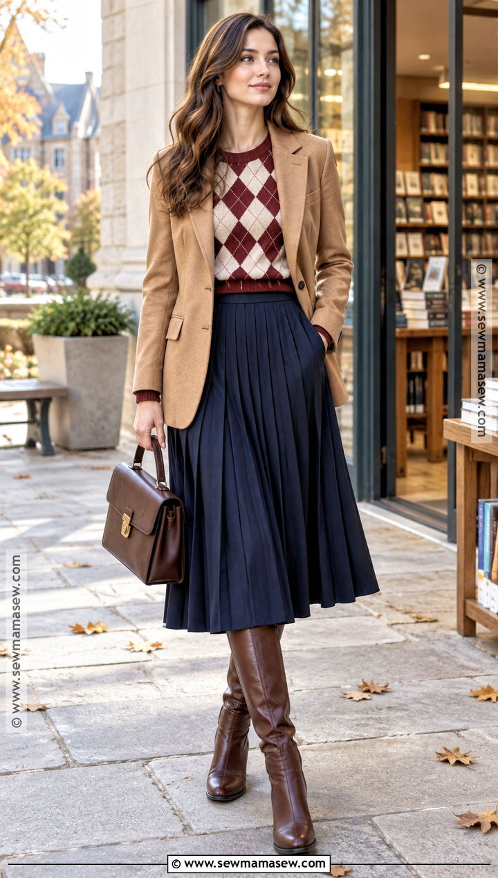 Argyle Sweater With Pleated Skirt - 30 sweater weather ideas