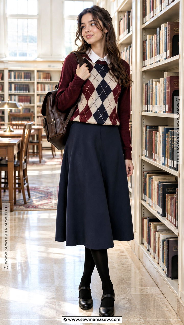 Argyle Sweater and A Line Skirt Outfit - 20 back to school outfits classy
