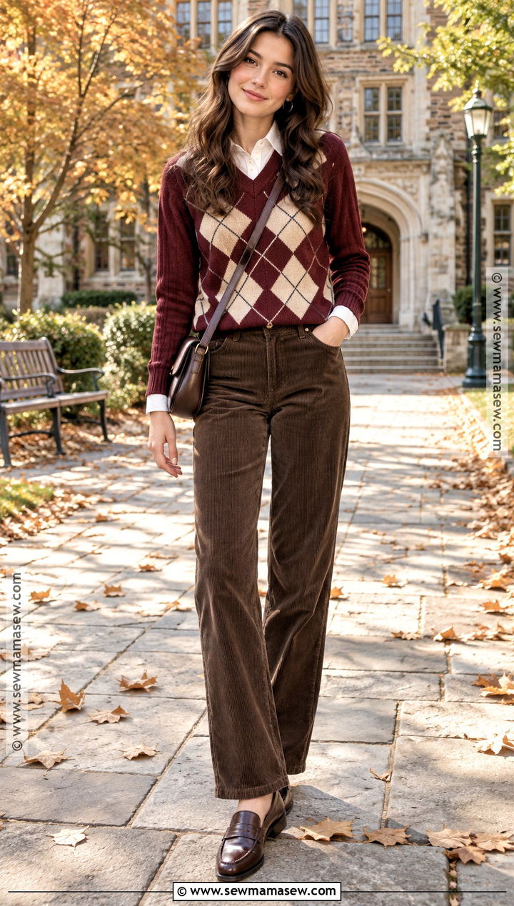 Argyle Sweater and Corduroy Pants Preppy Outfit - 15 preppy outfits back to school