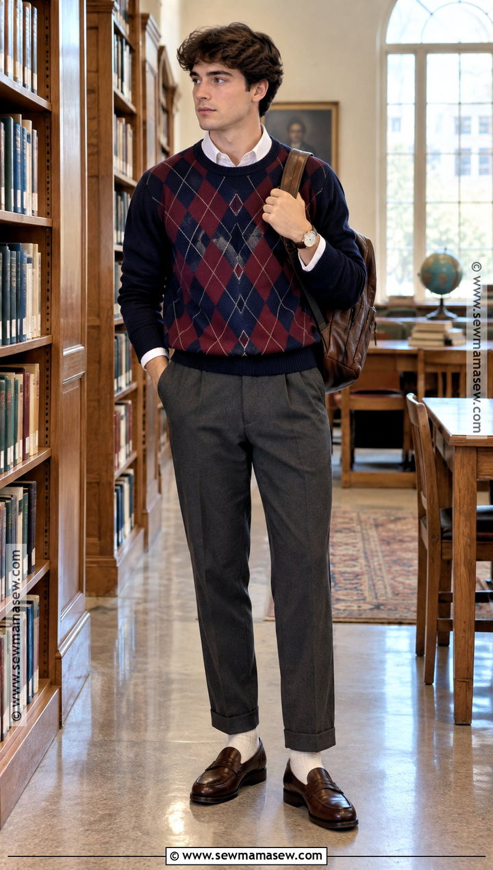 Argyle Sweater and Pleated Trousers School Outfit - 20 aesthetic fall outfits for school