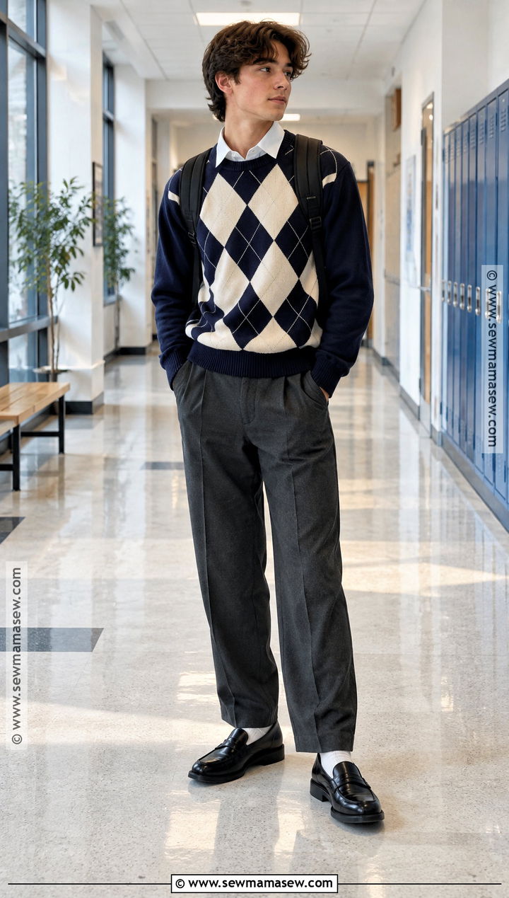 Argyle Sweater and Tailored Pants School Outfit - 25 fall outfits for school for teens