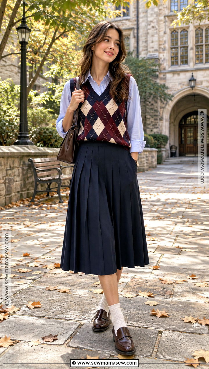 Argyle Vest With Button Down Shirt And Midi Skirt - 25 fall vest outfits