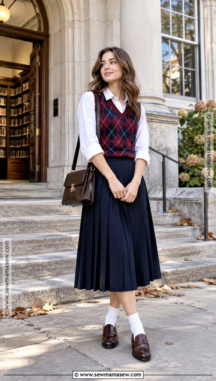 Argyle Vest With Pleated Skirt And Loafers - 20 autumn vest outfit ideas