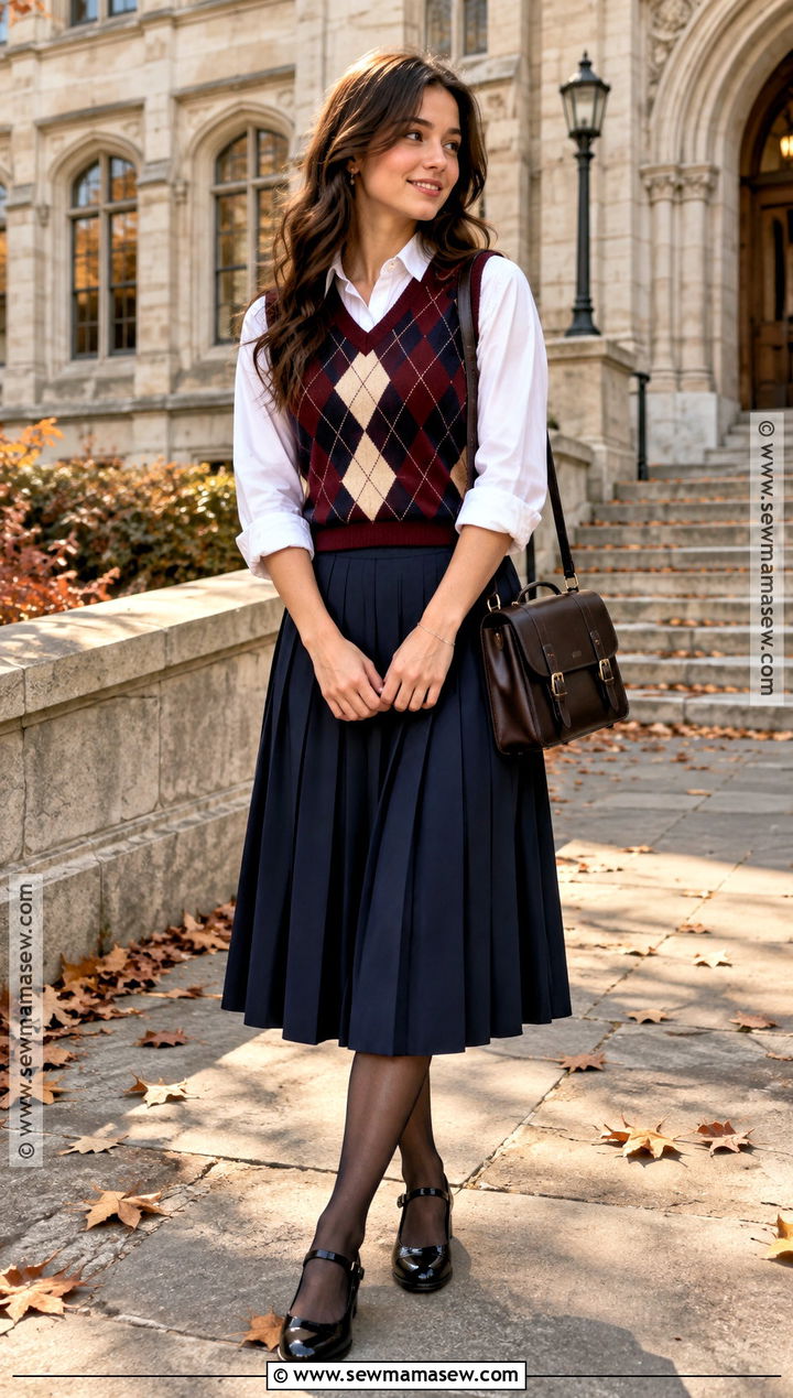 Argyle Vest With Pleated Skirt And Mary Janes - 15 Outfit Ideas With Vests Fall Fashion