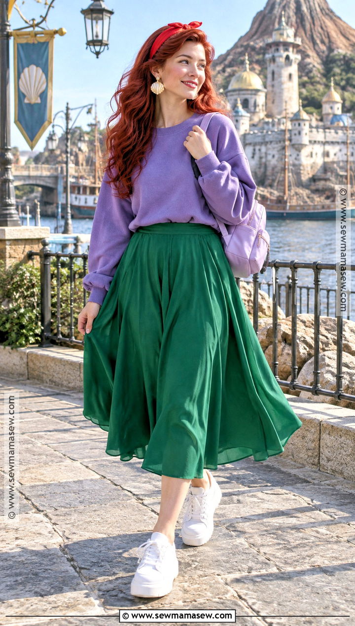 Ariel Green Skirt And Purple Sweatshirt Outfit - 20 Disney Outfits Women Fall