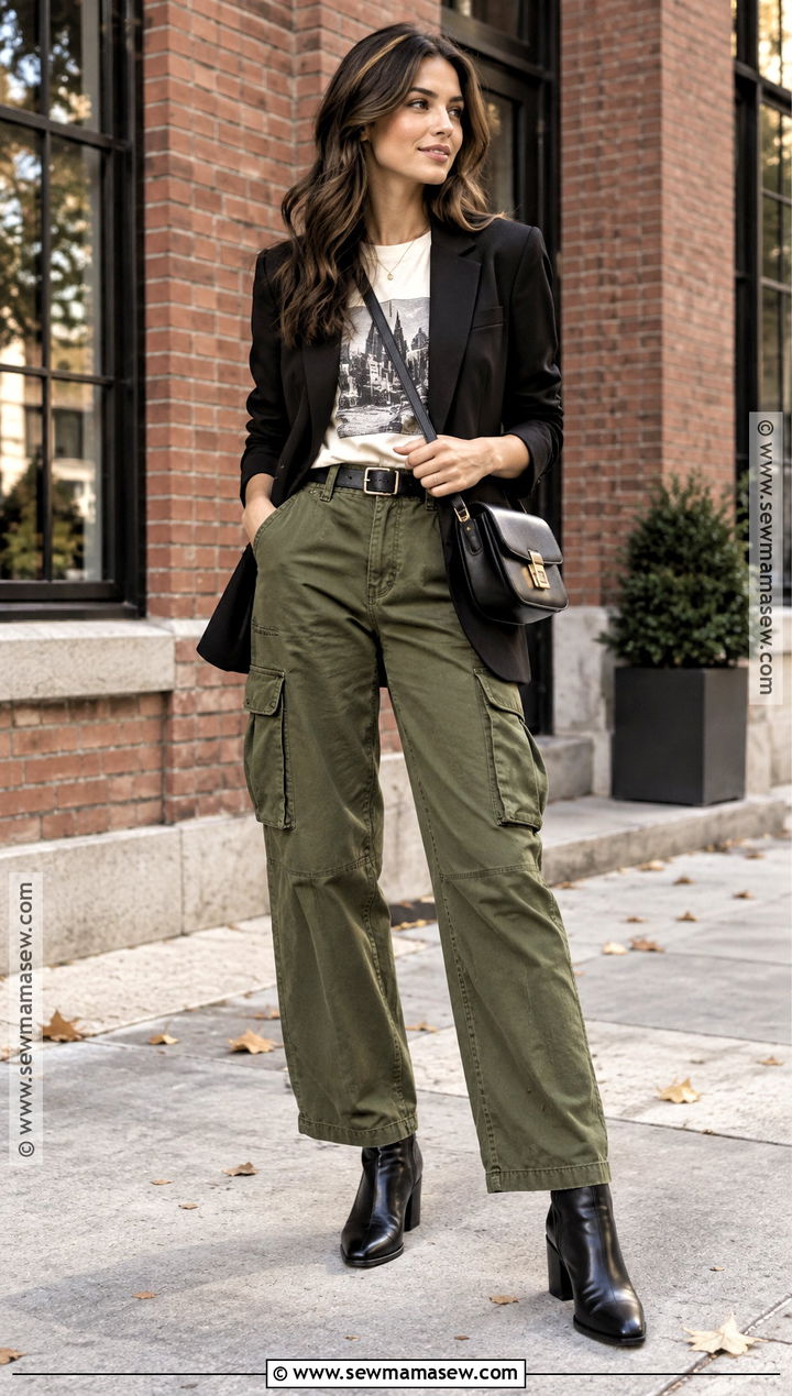Army Green Pants With Black Blazer And Graphic Tee - 15 army green pants outfit fall